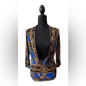 Bongo: Elegant Blue and Gold Draped Top with Lace Back